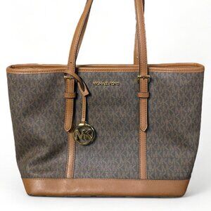 MICHAEL KORS -Leather Med Shoulder Handbag Tote Bag Brown MK Signature Purse